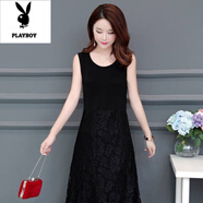 花花公子（PLAYBOY）夏季薄款外穿打底吊帶背心裙大碼顯瘦無(wú)袖連衣裙女中長(cháng)款蕾絲長(cháng)裙 663黑色 L 80-100斤