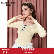 糖力商場(chǎng)同款秋新款純欲風(fēng)蕾絲邊針織衫女套頭顯瘦打底衫上衣 淺黃色 常規(guī) M