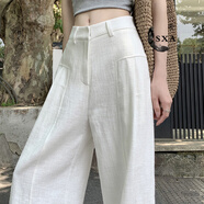 SXA香港潮牌亞麻薄款闊腿褲女夏2025新品高腰垂感西裝直筒棉麻休閑褲 白色 M