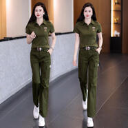 海赫迪直筒褲套裝夏季水兵舞新款迷彩服兩件套T恤上衣闊腿顯瘦工裝長(cháng)褲 軍綠兩件套送腰帶 XL X120-130斤