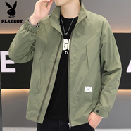 花花公子（PLAYBOY OUTDOOR）時尚夾克男春秋裝韓版潮流短款外套男士上衣翻領純色休閑百搭男裝 軍綠 XL