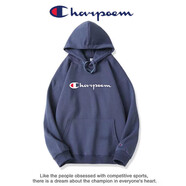 冠軍春秋加絨連帽衛衣套頭刺繡外套純色休閑運動(dòng)男女學(xué)生情侶寬松上衣 霧霾藍長(cháng)條連帽 XL 130-155斤