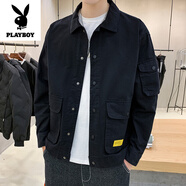 花花公子（PLAYBOY）純棉男士休閑衣服春秋外套男秋季韓版潮流工裝夾克男2025新款男裝 黑色【純棉面料】 3XL