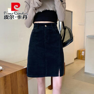皮爾 卡丹大碼咖色側(cè)開叉復(fù)古燈芯絨中裙女秋冬遮胯a字半身裙胖mm包臂短裙 黑色 S
