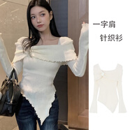 具趣純欲風(fēng)一字肩立體花朵長(zhǎng)袖針織衫女裝春秋季修身不規(guī)則短款上衣 立體花朵方領(lǐng)毛衣白色均碼 常規(guī) 均碼 80-120斤