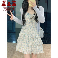 萬欣兒藍色碎花吊帶連衣裙女夏季2025新款蛋糕裙小個子雪紡短裙套裝女 開衫+吊帶裙 【套裝】 M 建議91-105斤