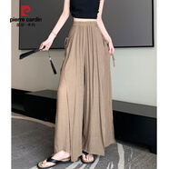 皮爾卡丹（pierre cardin）冰絲棉麻闊腿褲女夏季薄款粉色裙褲高腰系帶垂感開叉休閑亞麻褲子 咖色 XL
