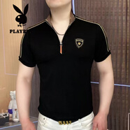 花花公子歐版短袖polo衫男夏季新款半拉鏈T恤高品質(zhì)輕奢立領(lǐng)織帶上衣透氣 黑色8011 M 建議95-120斤