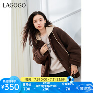 lagogo巴恩風(fēng)仿羊羔絨厚外套女拉谷谷2024年冬季新款連帽休閑上衣 棕色 M