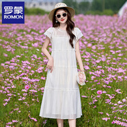羅蒙（ROMON）漂亮獨特天絲連衣裙女夏季新款高端品牌名媛甜美木耳邊長(cháng)裙 白色 2XL