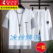 啄木鳥(niǎo) 冰絲短袖T恤男套裝夏季男生五分半袖運動(dòng)休閑衣服短褲子 DT638白灰色 XL （建議130-150斤）