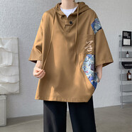 杜小閑美式撞色拼接短袖t恤男夏季薄款連帽潮牌半袖上衣寬松百搭體恤衫 土黃色 2XL [推薦140-160斤]