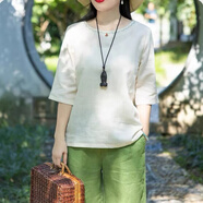 夏典素訂女王2025夏季文藝?yán)C花圓領(lǐng)上衣新款棉麻中袖襯衫寬松純色素雅復(fù)古T恤 麻本色 圓領(lǐng)繡花 L 建議105-120斤