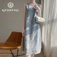 Kpdwfms國際品牌新款V領(lǐng)無袖立體羽毛肌理真絲連衣裙百搭顯瘦桑蠶絲A字裙 天空藍 M