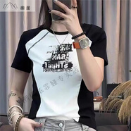 潮崖云勝莉莉服飾上衣美式明線涂鴉拼色短袖t恤女2025新款修身插肩 白色_(卡瑪拍大) L _(100-115斤)