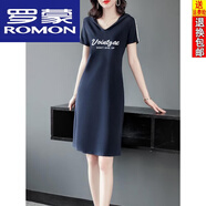 羅蒙（ROMON）夏季純棉大尺碼短袖A字連帽連衣裙女中長款休閑運動T·恤顯瘦裙子 【Vaintgae】藏青色 XL
