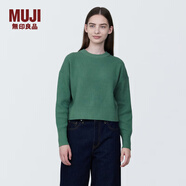無印良品（MUJI）女式 棱紋編織 圓領(lǐng)短款針織衫 長袖女款 女裝 薄款毛衣 綠色 M (160/84A)