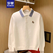 羅蒙（ROMON）輕奢簡(jiǎn)約精致刺繡針織衫男士上衣時(shí)尚異色螺紋拼色polo長(cháng)袖t恤 白色 S 105-120斤