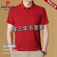 皮爾卡丹（pierre cardin）男士夏季短袖t恤翻領(lǐng)冰絲polo衫寬松條紋中年爸爸裝真口袋體恤 中國紅 M 推薦【95-115斤】