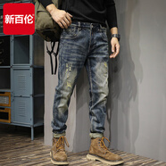 新百倫潮牌復古破洞牛仔褲男2025高端長(cháng)褲秋冬新款直筒修身美式休閑褲子 藍色 31 合適130-140斤