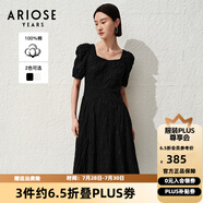艾諾絲雅詩【商場同款】夏季新品通勤全棉提花方領(lǐng)泡泡袖連衣裙30529018 黑色 S