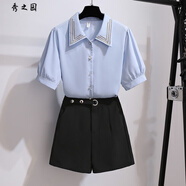 范哲莎法式高腰闊腿兩件套女夏季新款甜美氣質(zhì)顯瘦遮肉休閑雪紡襯衣 經(jīng)典藍(lán)色上衣+黑色高腰短褲 S 建議【90-105斤】
