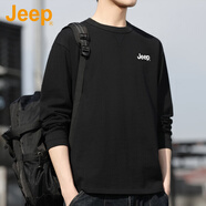 吉普（JEEP）美國正品純棉長袖T恤男秋季純色寬松休閑圓領(lǐng)全棉體恤上衣打底衫 黑色 常規(guī) 【國際大牌】 M 【適合115斤左右】