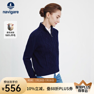 Navigare意大利小帆船寬松羊毛衫女士秋冬休閑半開(kāi)領(lǐng)毛衣100%羊毛針織衫女 海軍藍(lán) L