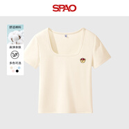 SPAO韓國同款刺繡小熊短袖t恤女夏季方領(lǐng)修身顯瘦上衣女SPDX25AT06LD 杏#SP紅帽子熊 L