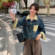 俞兆林（YUZHAOLIN）外套女港風(fēng)時(shí)尚拼接短款牛仔2024春秋季新款韓版寬松顯瘦夾克上衣 牛仔藍(lán) S 100-110斤