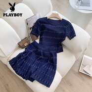 花花公子（PLAYBOY）小香風(fēng)冰絲針織套裝女圓領(lǐng)短裙2025夏季新款短袖T恤半身裙兩件套 官方旗艦藏青色 M