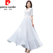 皮爾卡丹（pierre cardin）連衣裙女裝度假純色五分袖新款長裙過膝沙灘裙大碼夏季V領大擺裙 白色 2XL 【建議120-130斤