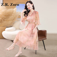 Z.R.Zoro奢侈品真絲連衣裙女2025夏季新款茶歇甜美法式碎花裙桑蠶絲氣質(zhì)裙 粉色 S