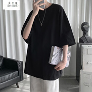 吳權(quán)灣5XL胖哥230斤純色T恤男士2021新款港風(fēng)寬松大碼胖子5中袖情侶上衣 黑色 5XL