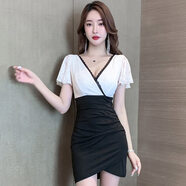 v領(lǐng)緊身氣質(zhì)連衣裙夜場(chǎng)性感spa足療足浴技師上班工作衣服包臀短裙 白色 S建議80-95斤 均碼
