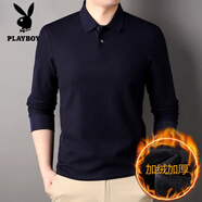 花花公子（PLAYBOY）100%純棉T恤男翻領(lǐng)加絨加厚純色保暖打底衫冬季polo衫百搭上衣 藏青色 L 170