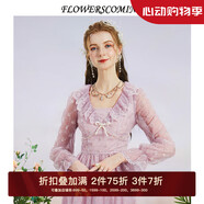 flowerscoming花兒開了2024春季新款法式V領(lǐng)蕾絲網(wǎng)紗襯衣女復(fù)古荷葉邊長袖上衣 丁香紫 S