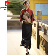 皮爾卡丹（pierre cardin）新中式國風(fēng)七分袖定位印花套裝女2025夏季新款七分袖上衣+旗袍裙 紅色上衣+半身裙 M