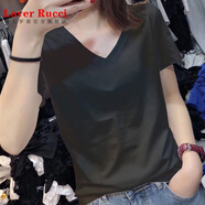 LOVER RUCCI白色低v領(lǐng)t恤女短袖夏裝2025新款爆款歐貨純棉寬松上衣大領(lǐng)口體恤 黑色(純色) S 推薦80-100斤