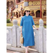 中長(cháng)款氣質(zhì)優(yōu)雅藍色五分袖連衣裙端莊大氣中式改良亞麻套頭旗袍裙 圖片色 M建議90-110斤 均碼