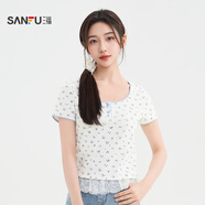 三福（SANFU）短袖T恤2025新款夏季少女感撞色圓領(lǐng)碎花短款上衣女裝 白底藍(lán)花 S