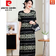 皮爾卡丹（pierre cardin）夏新款時(shí)尚印花修身顯瘦圓領(lǐng)百褶裙子氣質(zhì)大碼褶皺連衣裙女裝 黑色條紋 3XL 140-150斤