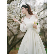 KAHTOP2025春夏新款初戀在逃公主法式復古可甜可鹽裙子仙女連衣裙YGW 法式露肩珍珠連衣裙 杏色 M