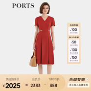 PORTS寶姿女裝春夏新款優(yōu)雅精美扣飾裝飾V領(lǐng)收腰短袖連衣裙 蜜柑色 L (8)