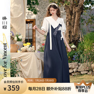 兩三事闊腿背帶褲女梵高文藝2025夏季新款寬松慵懶休閑褲馭馬漫游 深藍色 S
