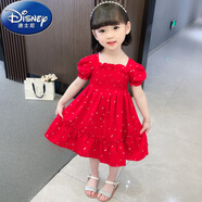 迪士尼（Disney）雪紡連衣裙女童2025夏季薄款紅色公主裙新款寶寶夏款兒童短袖裙子 紅色 90 (建議80-90cm 1-2周歲)