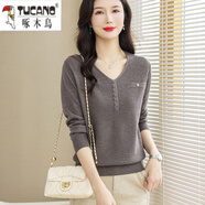啄木鳥(niǎo)（TUCANO）春秋季2025新款長(cháng)袖薄款針織衫女V領(lǐng)洋氣寬松內搭打底衫毛衣上衣 灰咖【商場(chǎng)品質(zhì)】 XL 建議120-130斤