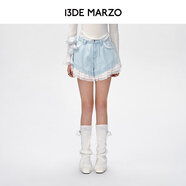 13DE MARZO女士 25春夏新款小熊蕾絲短褲高級感百搭寬松牛仔褲 藍色 L