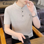 Cebrodz短袖t恤男復(fù)古亨利領(lǐng)棉麻透氣夏季百搭短袖男半袖體恤衣服 米色 M