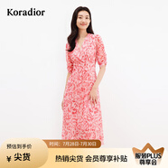 珂萊蒂爾[瑰麗小蠻腰]夏四面彈收腰氣質(zhì)茶雪紡茶歇印花連衣裙女 淡橙紅 M